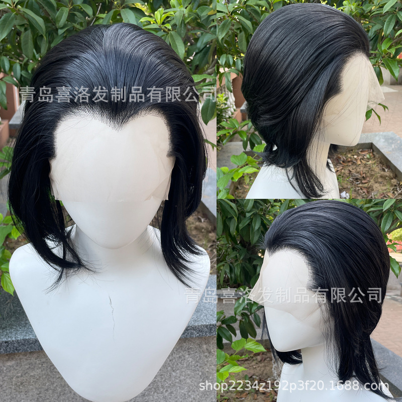 Cross-Border Amazon Lace Wig Cos Three-Pointed Short Hair 13X4 Natural Black Free Seam High Temperature Silk Wig