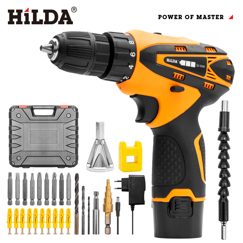 Hilda 12V destornillador inalámbrico taladro eléctrico doble velocidad batería de litio recargable luz LED 2 piezas impermeable mano Taladro