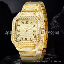 经典款黄金电镀色银色男士手表时尚镶钻方形外贸热卖无Logo石英表