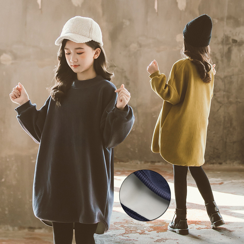 女童加絨衛衣中長款2020秋冬季新款韓版中大童加厚保暖衛衣裙上衣