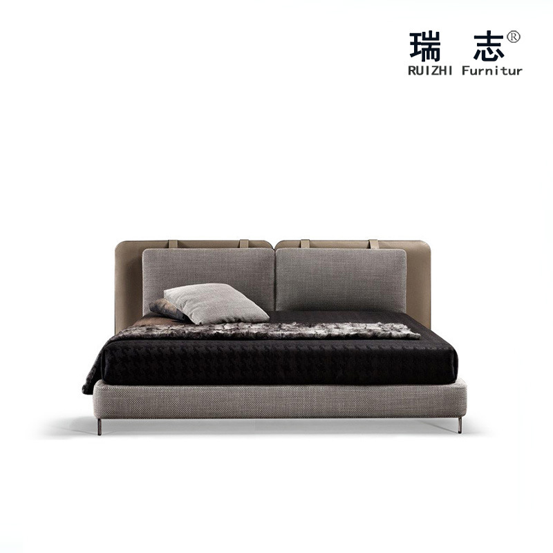 Designer Minimalist Influencer Top-Grade Calfskin Bed Simple Double Leather with Fabric Main Bedroom Large 1.8-meter Wedding Bed