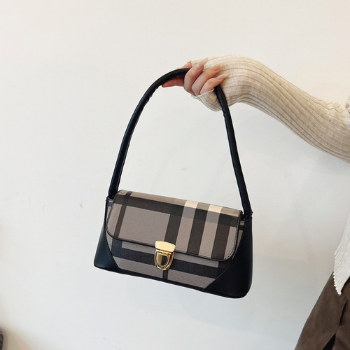 Plaid Contrast Color Bag Women's Fashion Personalized Shoulder Underarm Bag  New Trendy Niche Design Lock Small Shoulder Bag