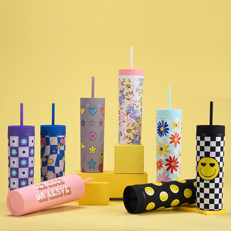 2024 transfronteriza nueva taza de plástico recta patrón de moda creativa logotipo imprimible taza de paja taza de agua simple