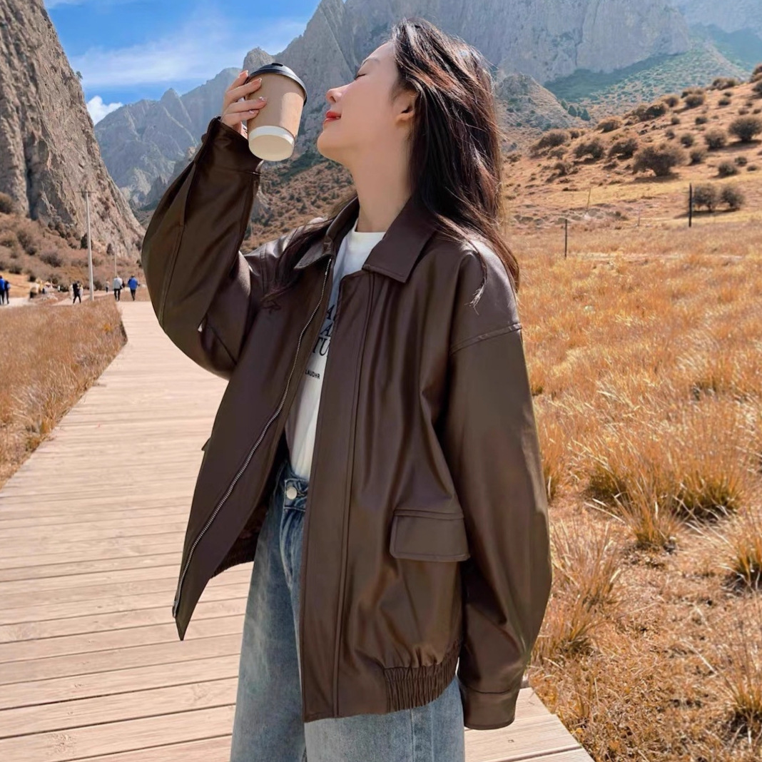 复古棕色皮衣女式短款2025韩国春秋小个子宽松皮夹克开衫机车外套