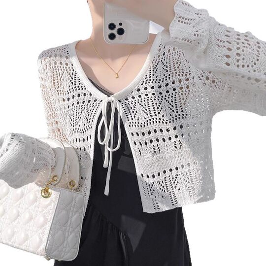 KANING Hollow Lace-up Sunscreen Knitted Cardigan Women's 2025 Summer New Style Thin Elegant V-neck Air Conditioning Blouse