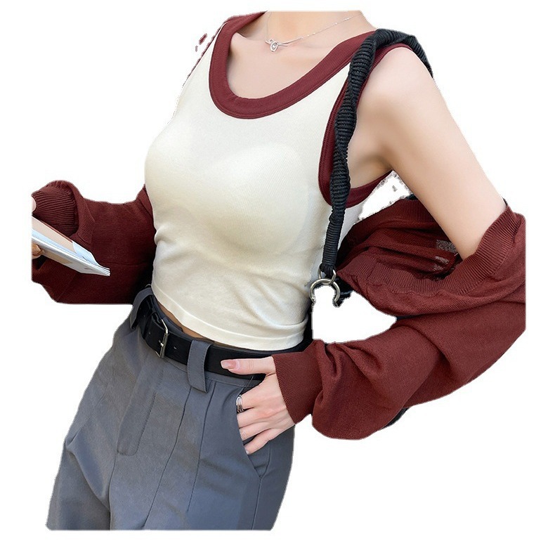 2023 nuevo estilo coreano contraste de color integrado belleza espalda Mujer retro picante chica fija Copa desgaste exterior chaleco a juego con almohadilla en el pecho