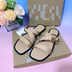 独立駅クロスボーダー大金属ラウンドバックルスリッパ純色シンプル百合角頭平底スリッパslippers