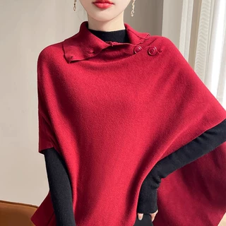 DOUBLE Z 高级氛围感叠穿不规则高领系扣针织披肩斗篷毛衣外套女