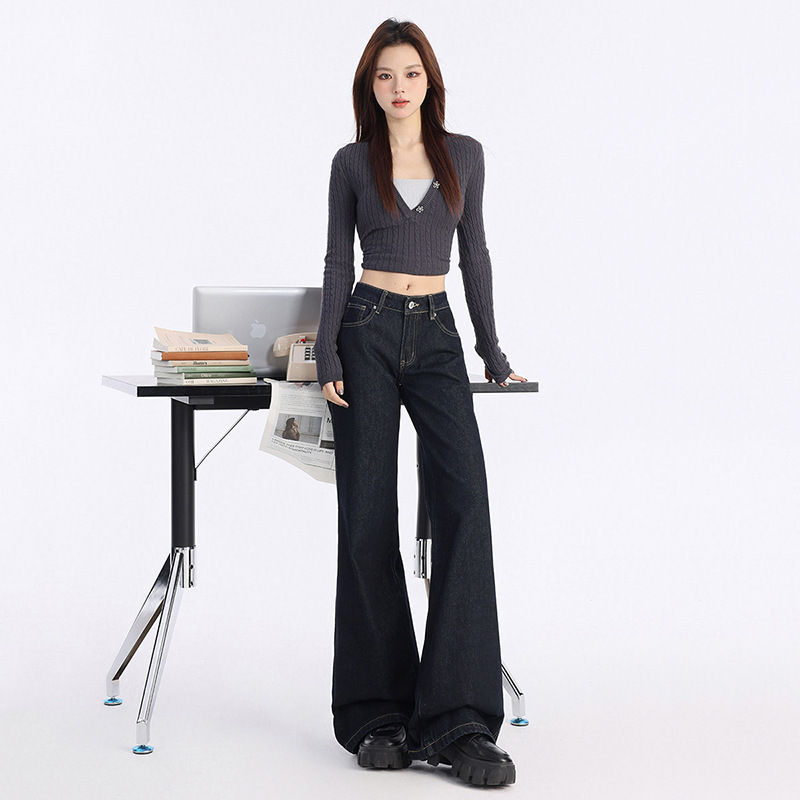 Leg-Free Bootcut Jeans for Women in Autum New American High Street Design Dark Blue Floor-Length Wide-Leg Flared Pants