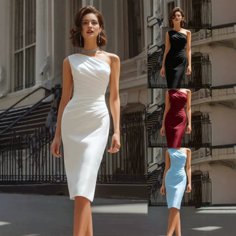 European and American 2026 Spring New Cross-Border Independent Site Women's Fashion Elegant One-Shoulder Draped Three-Dimensional Cut Mid-Length Dress