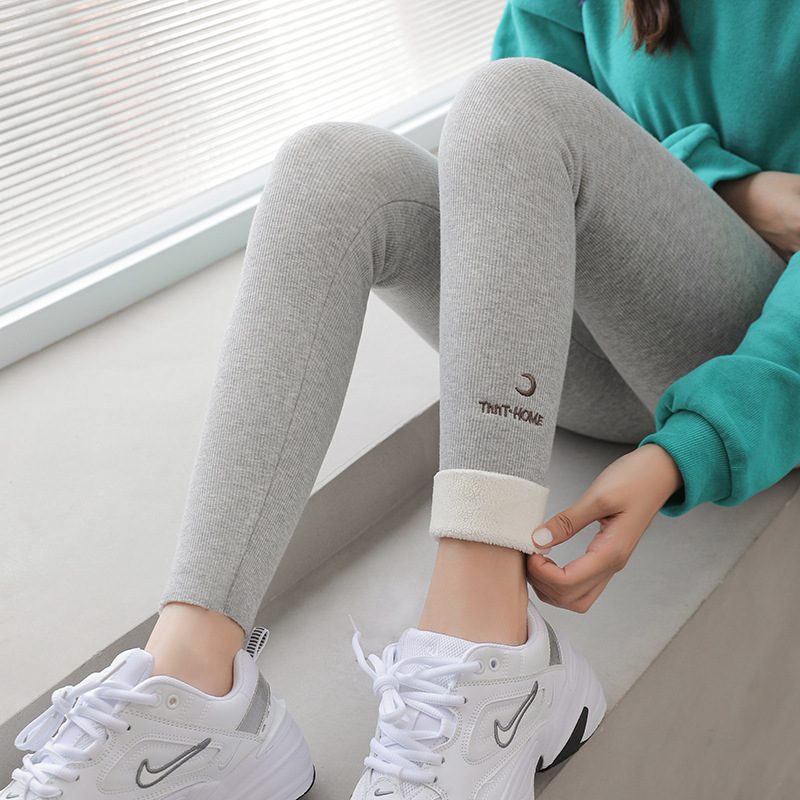 Leggings acanalados de rayas verticales con forro polar grueso, novedad de otoño e invierno para mujer, pantalones cálidos de algodón de cintura alta con letras, transfronterizos.