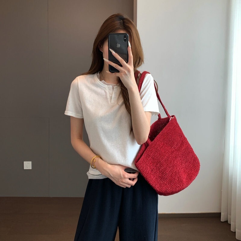 Solid Color Design with Mesh Splicing, Slim Fit, Flattering and Flattering for the Figure, Scoop Neck, Short Sleeves, Drop Shoulder Sleeves, T-Shirt for Summer Women