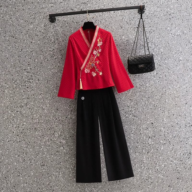  Demi-season velvet retro cheongsam, trousers for work, with embroidery, Chinese style
