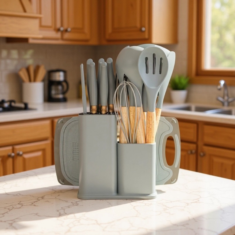 19 piezas de cubierta de cocina de silicona conjuntos de cuchillos conjuntos de combinación antideslizante anti-escaldado antiadherente pane con tablero de verduras conjunto de barril al por mayor image 1