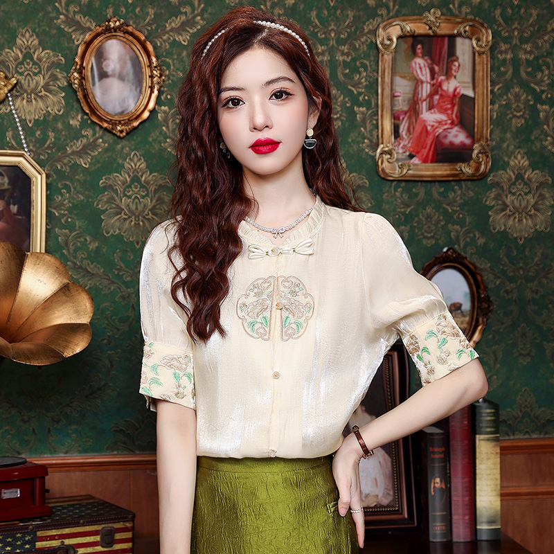 2024 Summer New Chinese Style National Style Satin Embroidered Vintage Shirt Buckle Lace Chiffon Short Sleeve Chiffon Shirt Top
