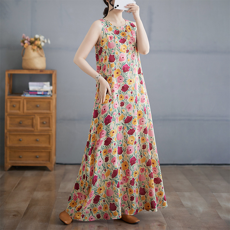 Real Shot Bohemian Maxi Dress Summer Fattened Oversleeveless Crew Neck Print Dress_ecoleips.com