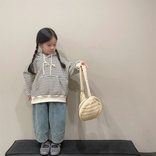 中小童裝韓國秋冬圓領套頭衫男女童寶寶上衣兒童加絨條紋連帽衛衣