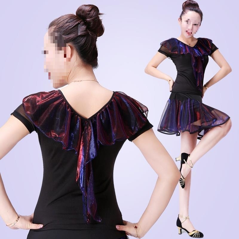 New adult Latin dance costume, short-sleeved top, ballroom dance outfit, practice clothes for women, step acrobatics.