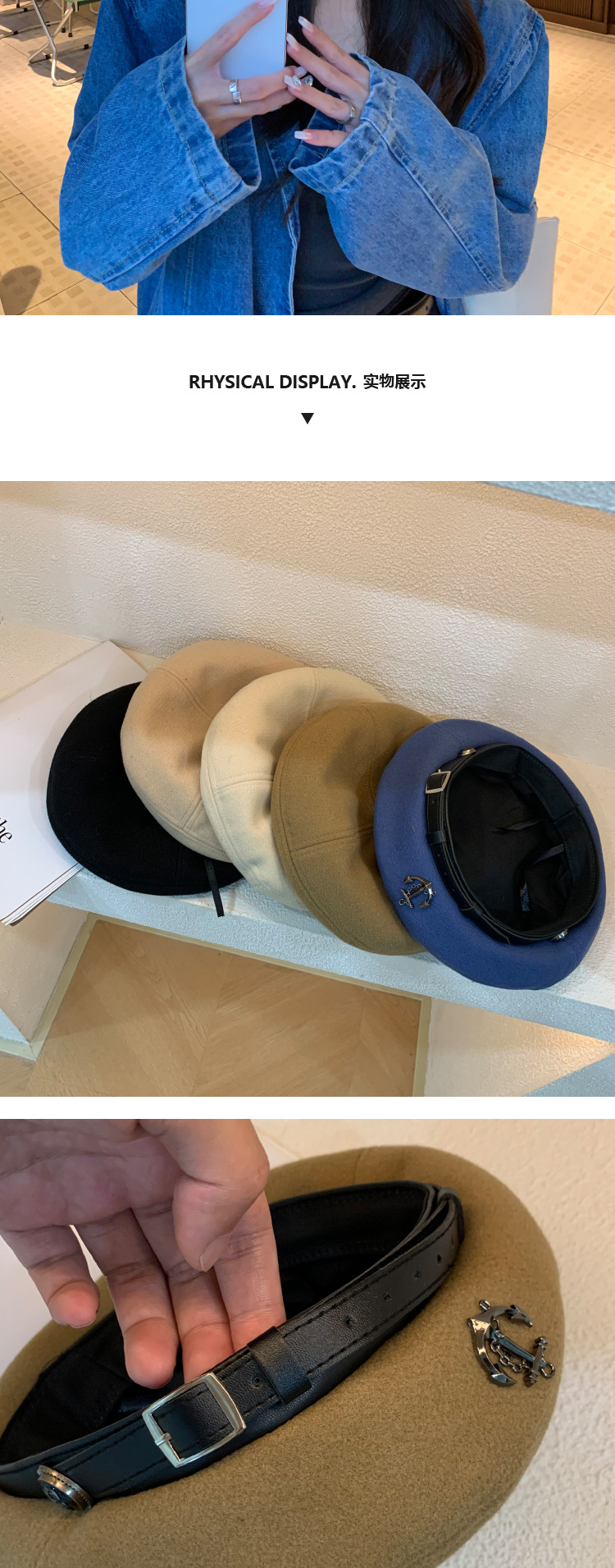 Zwarte baret Dames Herfst en Winter Knop Display Gezicht Flat Top Artist Hat Mode Net Rood ins_voghion.com