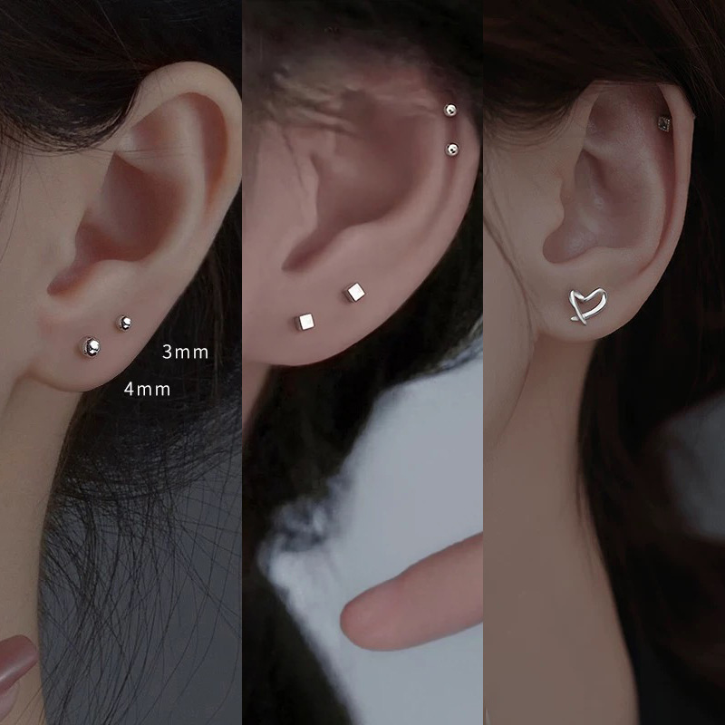 纯银小光珠耳钉S925银防过敏简约锆石耳钉个性耳骨钉耳饰女养耳洞
