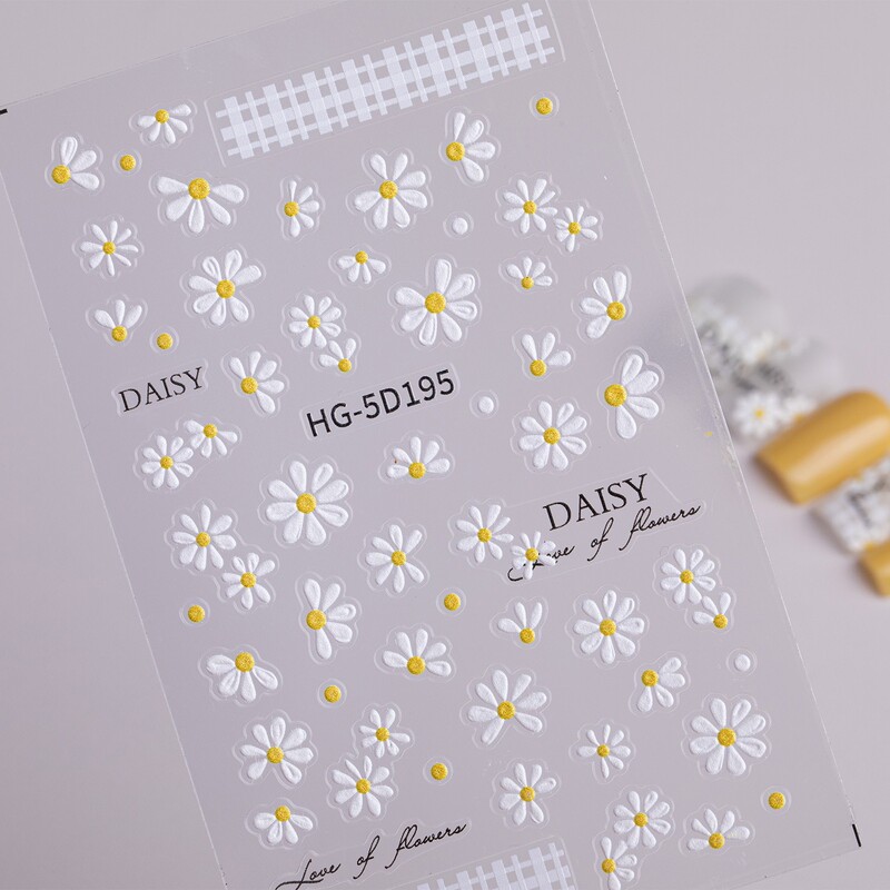 Spring and summer floral embossed nail art stickers, oil painting daisy small floral nail decals, stationery nail stickers