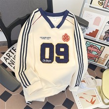 美式重磅嘻哈卫衣女2025春季新款V领球衣情侣装宽松外套