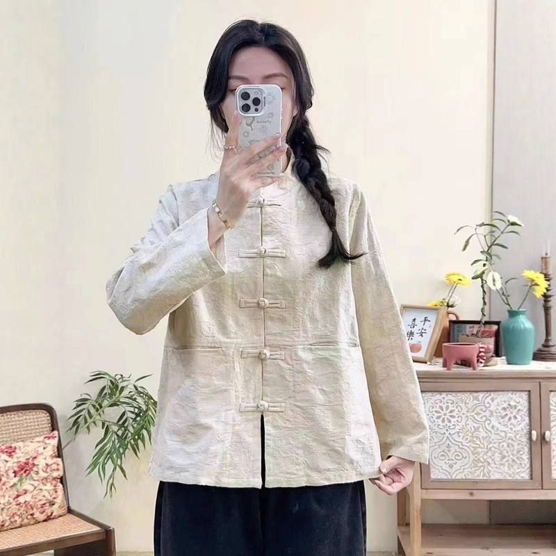 2025 Autumn New Jacket Top Large Size Women's Linen Cardigan High-End Retro National Style Button Stand Collar Jacket