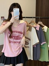 法式大码女装胖mm遮肚上衣短袖t恤女2025夏装新款美式正肩印花