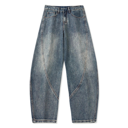 American Washed Bending Knife Workwear Jeans for Men, Autumn Trend Brand Splicing Loose Wide Leg Pants, High Street Straight Leg Casual Pants