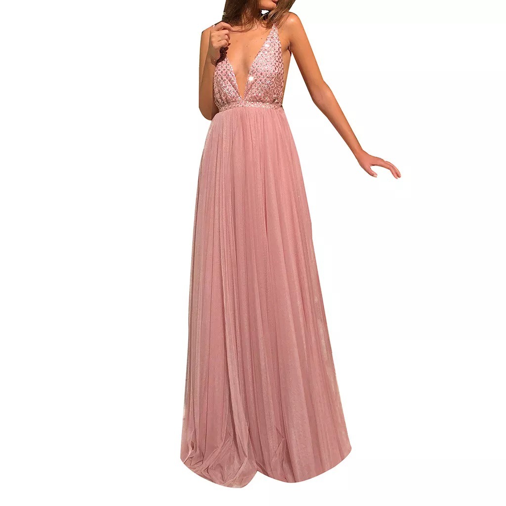 2026 Europa y América Amazon nueva ropa de mujer elegante temperamento lentejuelas hendidura sexy con cuello en V vestido de noche sin espalda falda larga