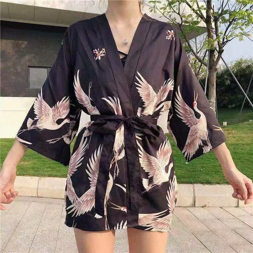 Hanfu short-sleeved shirt women's Korean-style Chinese style Tang suit trendy cropped robe crane couple outfit Japanese retro kimono