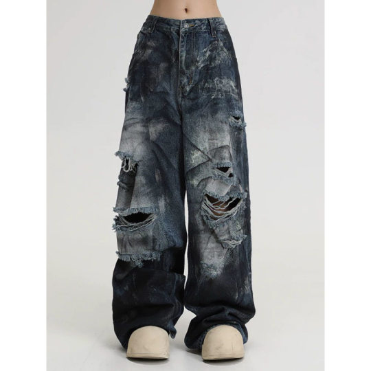American High Street Inkjet Ripped Jeans for Men and Women Summer 2025 New Heavy-Duty Washed Handsome Street Wide-Leg Pants