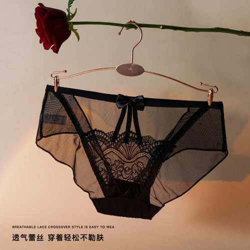 New Arrival Lace Edge Sexy Mesh Gauze Spliced Underwear Low-Waisted Semi-Transparent Tempting Hip-Hugging Triangle Pouch for Women