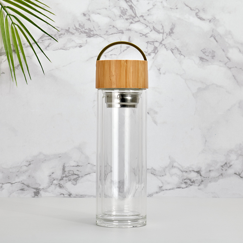 Comercio exterior transfronterizo cubierta de bambú vidrio de gran capacidad de doble capa de borosilicato transparente taza de agua taza de regalo Shell logotipo impreso