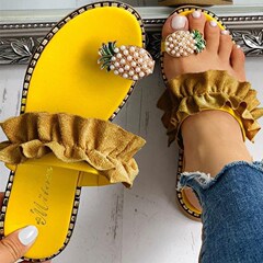 Women's 2024 New Korean Style Flat Sandals with Pearl Pineapple Casual Slip-On Flats