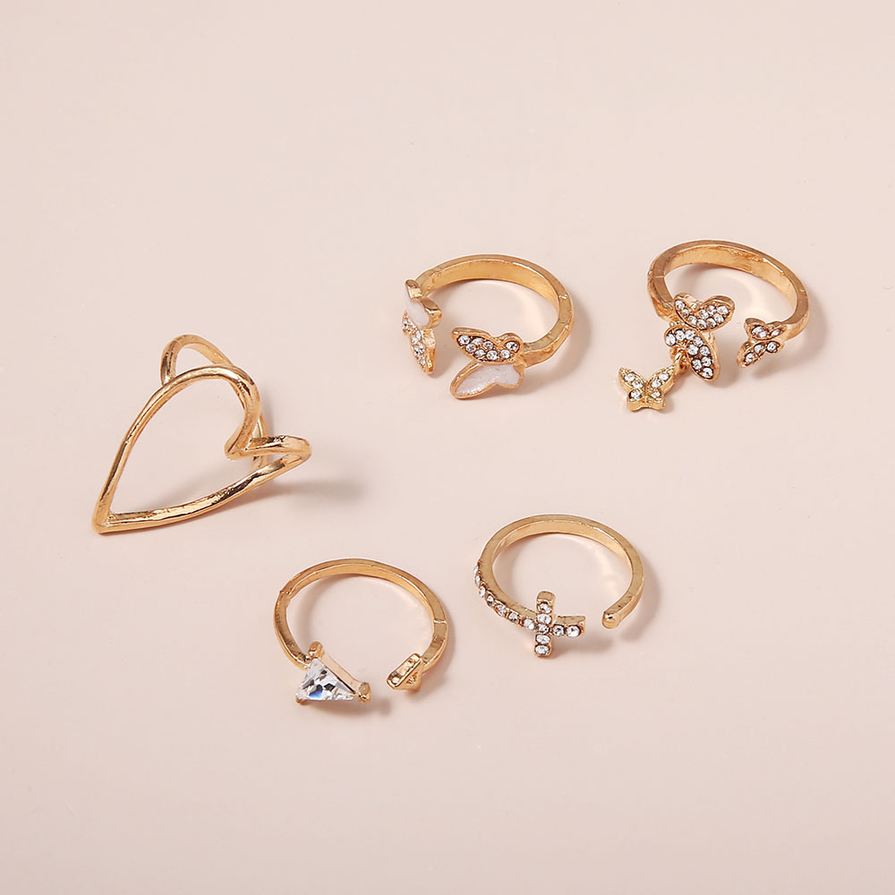 Simple Cross Heart Hollow Diamond Butterfly 5-piece Ring Set display picture 3