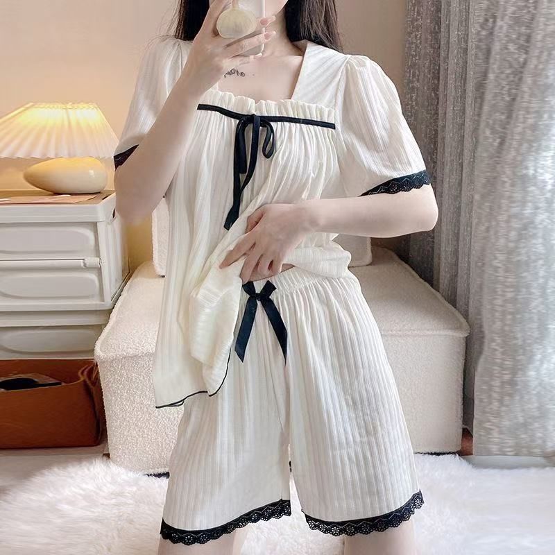 Pijamas sueltos de verano al por mayor transfronterizos, pantalones cortos de manga corta con mangas abullonadas para mujer, traje casual de servicio a domicilio para estudiantes