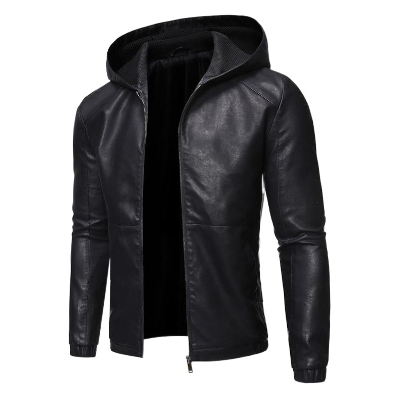 Leather Men's Autumn and Winter New Slim-fit Korean Style Handsome Hooded Biker fleece-lined Thickened Leather Jacket Men's Coat Trendy