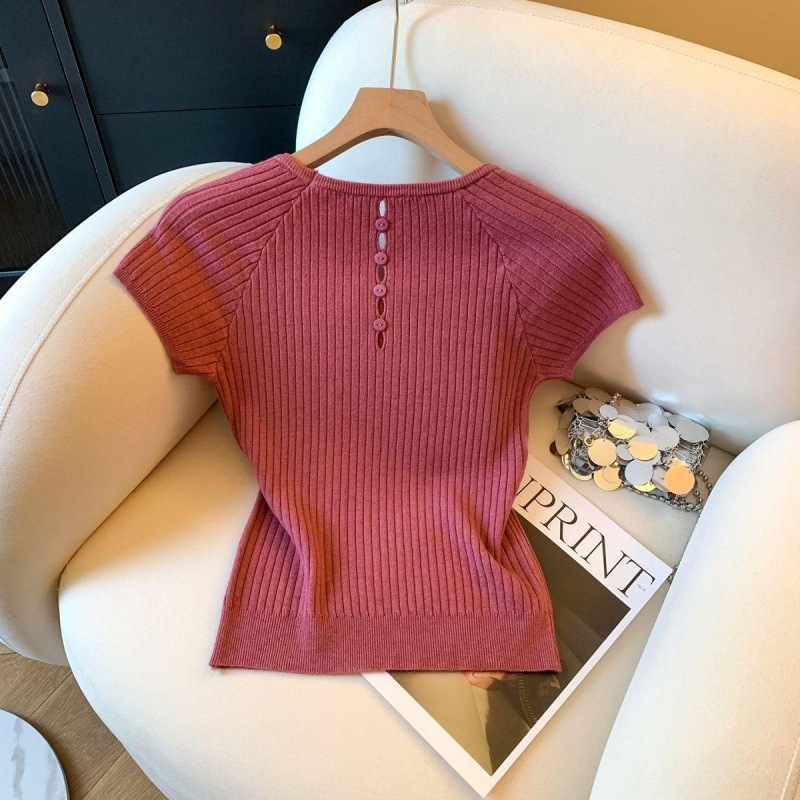 Stunning Orange Short-Sleeve Knit T-Shirt with Cut-Out Back in Ice Silk, Dopamine Bright and Youthful Style for Women in Summer