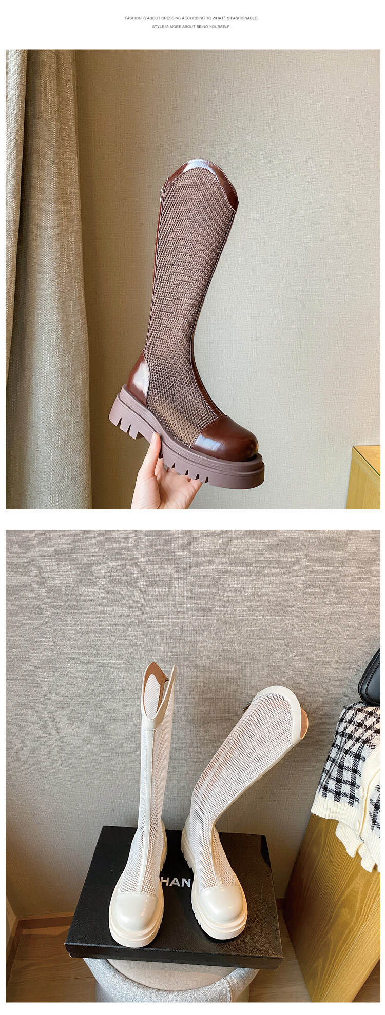 Boot nữ da lưới thoáng khí mùa hè, đế dày rỗng, ống rộng cho chân to — Màu nâu ống lớn, Màu đen cổ ống lớn, Ống nhỏ màu đen, Ống nhỏ màu be chi tiết 58