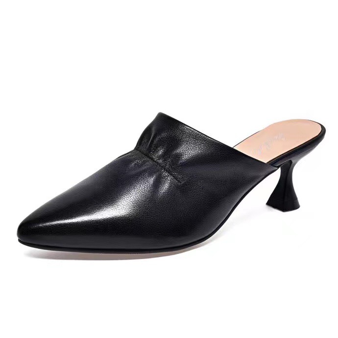 Giày mule nữ mũi nhọn da thật gót kitten 3 cm kiểu Pháp — Gót nhọn màu Mơ (3 cm)