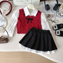 2025秋季新款女童时髦学院风套女孩娃娃领衬衫百褶裙三件套67521