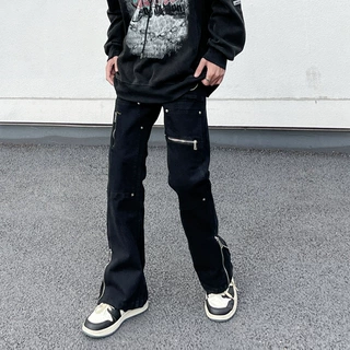 美式高街暗黑系拉链开衩牛仔裤男vibe风嘻哈机能宽松直筒百搭长裤