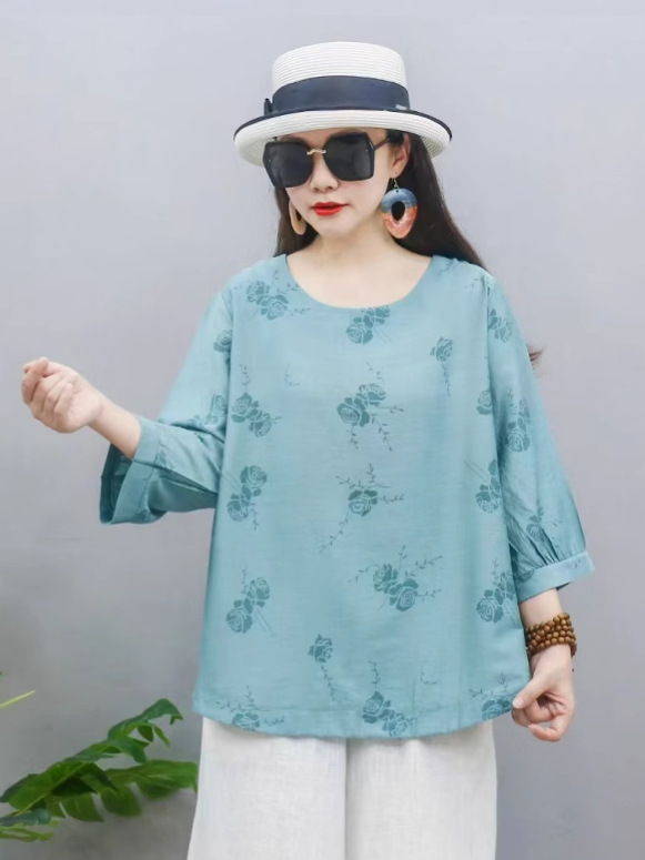 2025 nueva camiseta china de mujer impresa suelta de manga corta camiseta de verano camiseta de base de cuello redondo literaria