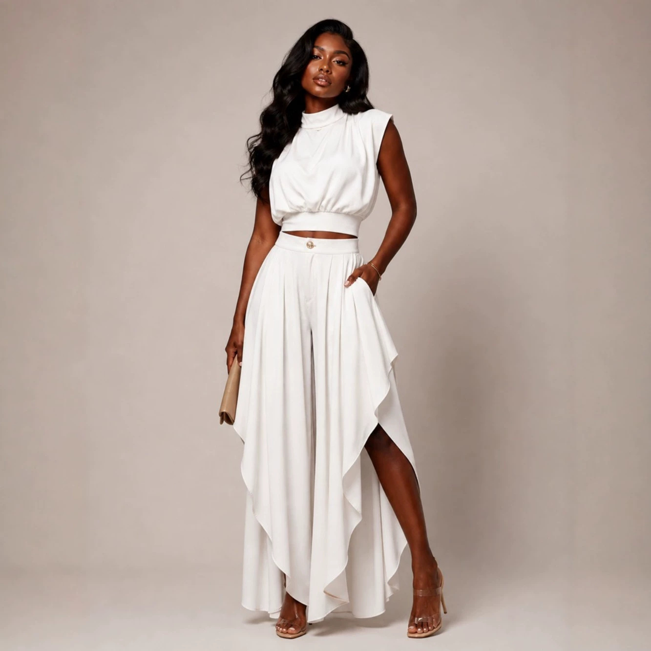 French Style Women's Niche Sleeveless Two Piece Set High Neck Cropped Top Irregular Ruffles Wide Leg Pants_ecoleips.com