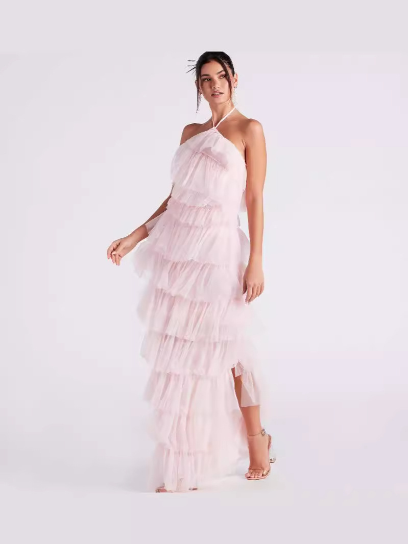 Ventas transfronterizas calientes nuevas mujeres europeas y americanas fiesta sexy vestido multicapa vestido colgante rosa vestido largo