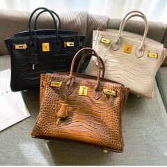 2022新款高級質感啞光頭層牛皮鱷魚紋鉑金包單肩斜挎女士手提包包