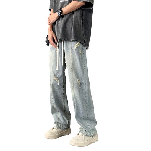 Men's Summer Thin Ice Silk Denim Jeans, American Street Style High-Vibe Washed Tears Trend Brand Loose Straight Leg Casual Pants