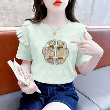 新中式正肩短袖T恤女装新款夏季小个子雪纺上衣漂亮国风洋气小衫