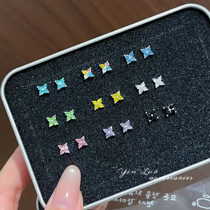 Sparkling Four-Leaf Clover Colorful Zircon Earrings for Women, Ins-Style Versatile Dopamine Star Cute Earrings